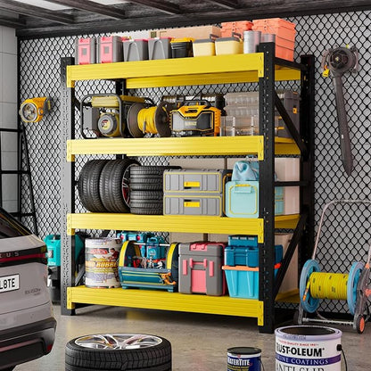 59" W Garage Storage Shelves, 3000LBS Garage Shelving Heavy Duty Adjustable Shelving Unit, 4 Tier Metal Utitly Shelves Industrial Shelving for Warehouses,Basement,Black Yellow