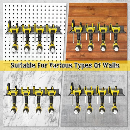 Drill Holder Wall Mount,Power Tool Organizer, 4 Cordless Drill Racks with Screwdriver Hole, Heavy Duty Garage Tool Storage Rack for Workshop Tool Room Basement