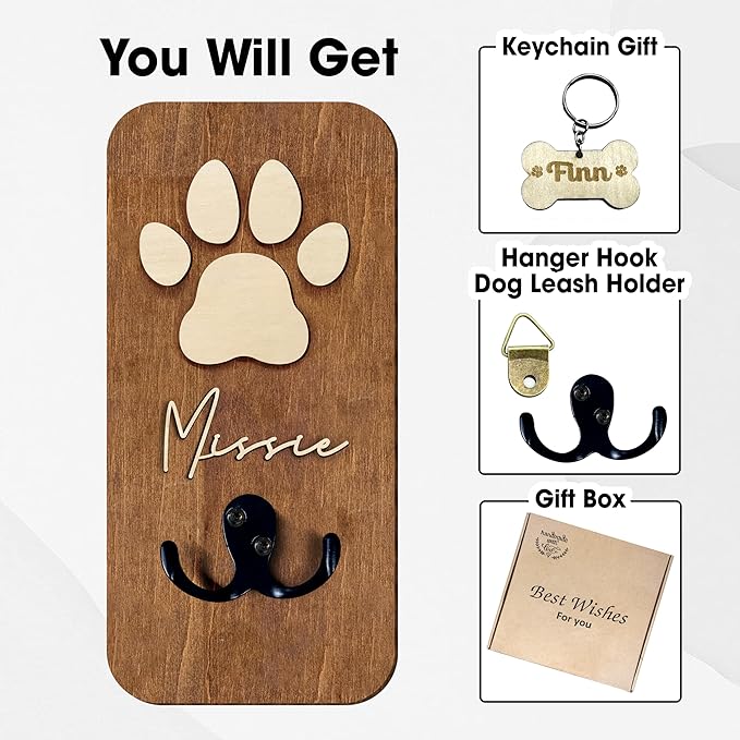 Personalized Dog Leash Holder Wall Mount, Pet Harness Hanger, Dog Collar Organizer for Entryway, Key Rack for Wall Decorative, Memorial Cat Leash Holder for Wall, Pet Loss Gifts, Home Decor