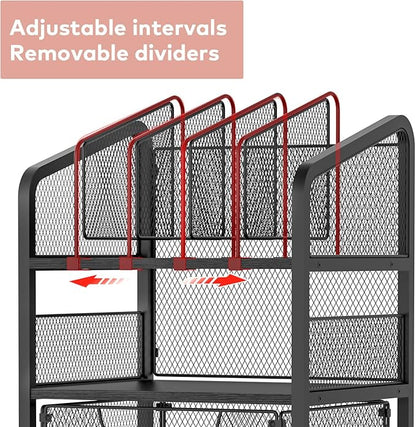 2 Drawer File Cabinet with Adjustable Dividers, 4-Tier Mobile Vertical Filing Cabinet on Lockable Wheels, Hanging File Organizer Cart for Letter-Size,Rolling Utility Cart for Home Office
