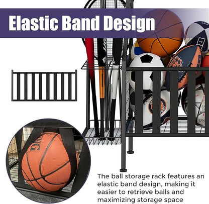 Sports Equipment Organizer, Heavy Duty Golf Bags Stand, Extra Large Ball Storage Rack for Garage, Sports Gear Storage with Basket and Hooks, Black