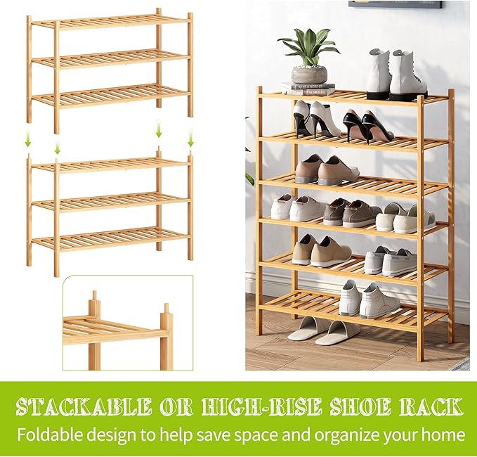 BMOSU 3-Tier Bamboo Shoe Rack Premium Stackable Shoe Shelf Storage Organizer for Hallway Closet Living Room Entryway Organizer (Natural Bamboo)
