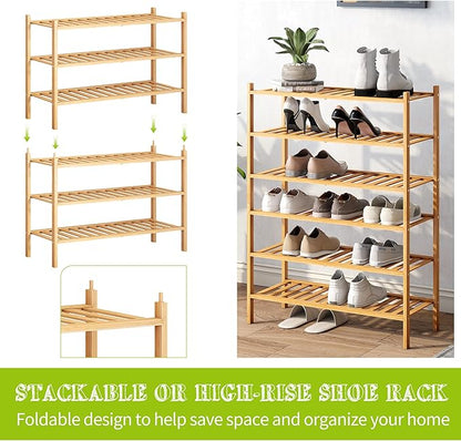 BMOSU 3-Tier Bamboo Shoe Rack Premium Stackable Shoe Shelf Storage Organizer for Hallway Closet Living Room Entryway Organizer (Natural Bamboo)