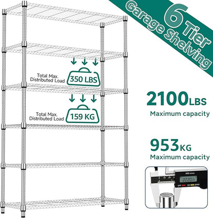 2100LBS 47.2" W 6 Tiers Shelf Storage Shelves Metal Shelving Unit Heavy Duty Garage Shelving Adjustable Wire Shelves for Pantry,Kitchen,Garage,Basement,Chrome 17.7" D x 47.2" W x 82.4" H
