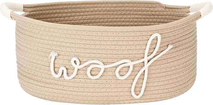 Sea Team Dog Toy Storage Basket with Handles, 16.5 x 11 x 7 Inches, 4.4 Gallons Large Cotton Rope Storage Bin, Shelf Basket, Organizer for Pet Chew Toys, Foods, Beige Woof