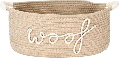 Sea Team Dog Toy Storage Basket with Handles, 16.5 x 11 x 7 Inches, 4.4 Gallons Large Cotton Rope Storage Bin, Shelf Basket, Organizer for Pet Chew Toys, Foods, Beige Woof