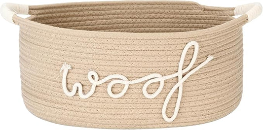 Sea Team Dog Toy Storage Basket with Handles, 16.5 x 11 x 7 Inches, 4.4 Gallons Large Cotton Rope Storage Bin, Shelf Basket, Organizer for Pet Chew Toys, Foods, Beige Woof