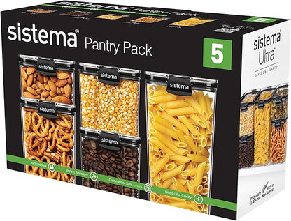 Sistema Ultra Square Airtight Pantry Storage Containers Assorted Capacity Food Storage Solution Stackable Locking Clips BPA-Free Clear with Black Accents 5 Count