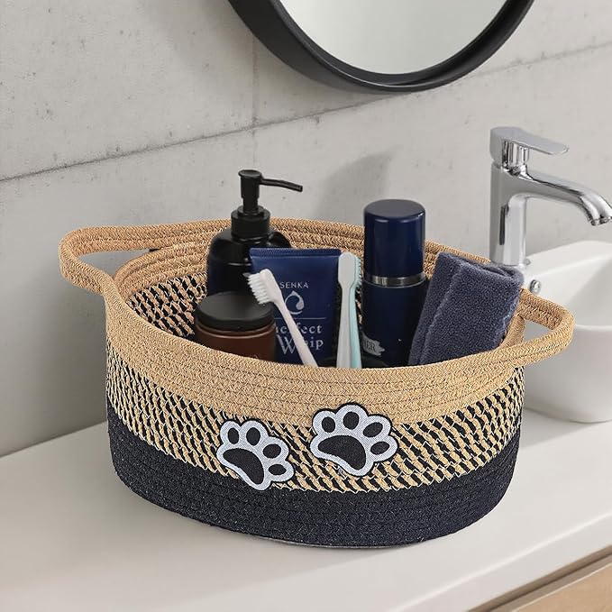 Small Woven Cotton Rope Nursery Organizer Bins, Dog Toy Basket Bins with Handle, Cute Empty Baby Gift Storage Baskets with Paw