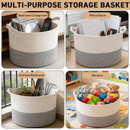 90L Large Blanket Basket,21.7"L x 21.7"W x 13.8"H Rope Woven Baskets with Handles, Toys Storage Bins,Laundry Basket Perfect for Living Room, Nursery,Bedroom,Home Organization,White&Grey