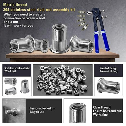 Stainless Steel Rivet Nut Tool Kit 750 Pcs 304 Stainless Steel Rivet Nut Combination, Suitable for Furniture, Decoration, Automotive, Marine and Industrial Applications