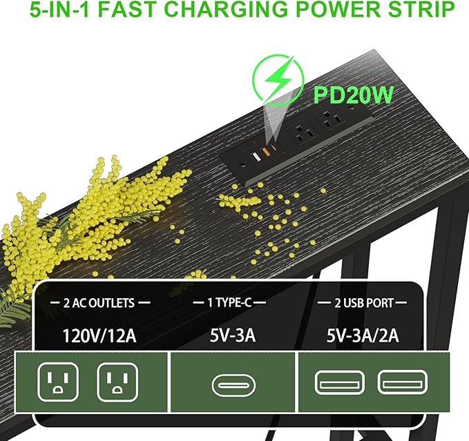 102.4" Behind Couch Table with 2 Fast Charging Stations, 7.1" Narrow Skinny Sofa Table with 4 Power Outlets, 4 USB-A, 2 USB-C for Console Entryway, Black