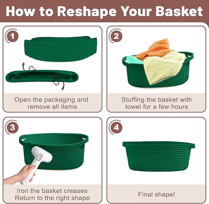 Small Woven Green Gifts Basket for Storage Empty with Ribbons and Bags Durable Cute Gifts 12"X 8" X 5" Small Rope Basket for Gifting