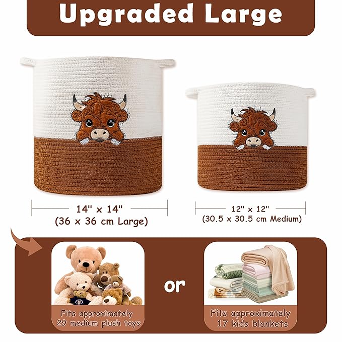 INough Large Blanket Baskets for Living Room, Highland Cow Storage Baskets for Toys Organizer Woven Cotton Rope Basket for Kids, Clothes Hamper with Embroidery Highland Cow Decor for Nursery Laundry