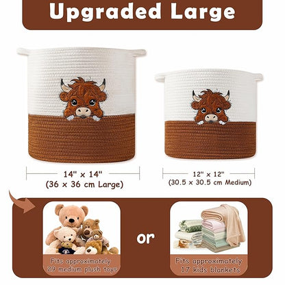 INough Large Blanket Baskets for Living Room, Highland Cow Storage Baskets for Toys Organizer Woven Cotton Rope Basket for Kids, Clothes Hamper with Embroidery Highland Cow Decor for Nursery Laundry