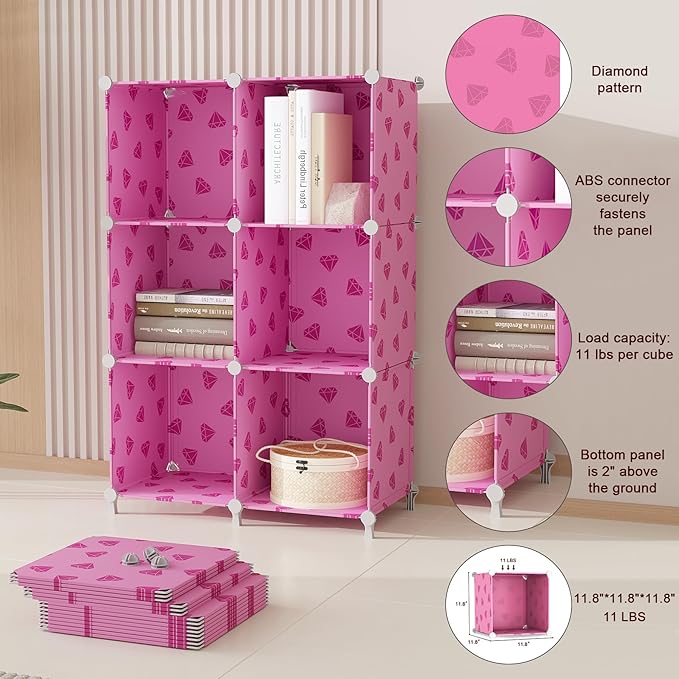 UNKU Cube Storage Organizer, 6 Cube Closet Organizer Storage Shelves, DIY Stackable Bookcase, Clothes Organizer Shelf for Closet, Bedroom, Living Room, Cabinet, Home, Office, Pink