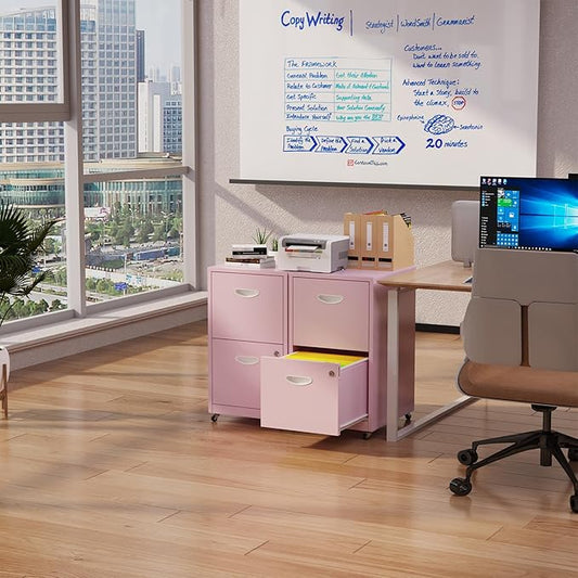 2 Drawer Rolling File Cabinet on Wheels, Mobile Two Drawer Filing Cabinet with Lock, Small Files Cabinets for Under Desk, Metal Filing Cabinets for Letter Size Folders, Pink - Assembly Required