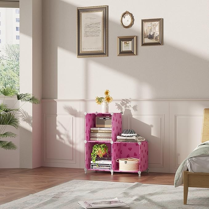 UNKU Cube Storage Organizer, 3 Cube Closet Organizer Storage Shelves, DIY Stackable Bookcase, Clothes Organizer Shelf for Closet, Bedroom, Living Room, Cabinet, Home, Office, Pink