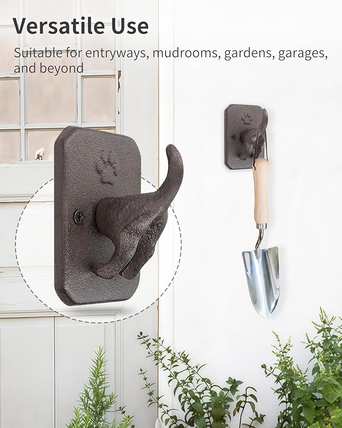 Cast Iron Dog Tail Wall Hooks - Heavy Duty Rustic Dog Leash Holder, Wall Mount Coat Hook for Hanging Key Towel Collar, Decorative Puppy Butt Paw Hanger for Farmhouse Entryway Mudroom, 2 Pack