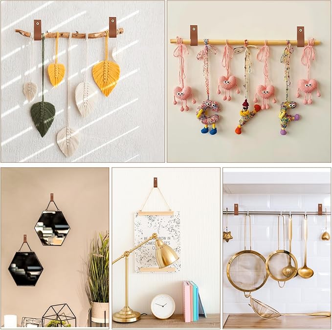 6 Pcs PU Leather Wall Hooks Curtain Rod Hanging Straps Towel Holder Hanger Cabinet Handle Loop Storage Supplies Boho Style Decor for Bathroom Kitchen Bedroom