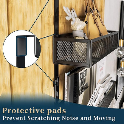 Consumest Over The Door Hooks Organizer - Extra Long Door Hanger with 9 Coat Hooks & 2 Mesh Basket, Back Storage Organizer Hanging Towels for Bathroom, Bedroom, Black (for 1.76 in Doors)