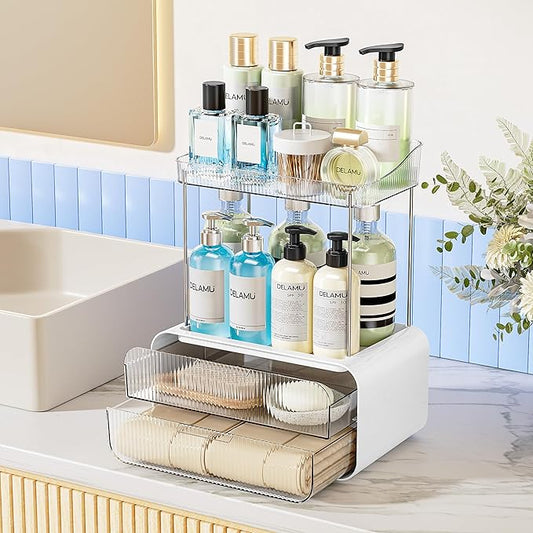 Delamu Bathroom Counter Organizer 2-Drawers 2-Tier Acrylic Makeup Organizer for Vanity Countertop, Skincare Perfume Storage, Easy Assembly, Ideal for Women, Bath Linen Sets, Clear