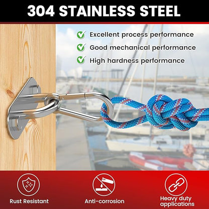 sprookber 304 Stainless Steel Pad Eye Snap Hooks, M10 Heavy Duty Ceiling Hooks, 1700lb Capacity Hammock Swing Hanging kit, Plant Hangers, Marine Hardware Staple Hook Loop with Screws, Set of 8