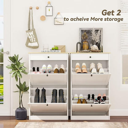 Shoe Cabinet with 2 Flip Drawers, Slim Wooden Hidden Shoe Organizer with Drawer, Pet-Proof Narrow Shoe Storage Cabinet for Entryway Living Room Behind The Door