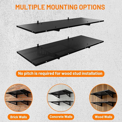 2-Pack 1.5x4ft Garage Wall Shelving, 500 Lbs Heavy Duty Garage Shelving Wall Mounted, Flat Metal Rack With Complete Install Kit & Hooks, Black