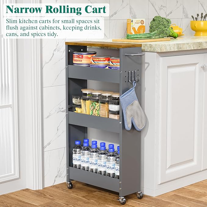 Slim Storage Cart, 4 Tier Rolling Kitchen Cart on Wheels for Small Space, Narrow Laundry Bathroom Organizers Mobile Shelving Unit Metal Utility Cart with Handle, 5.9in Width, Gray