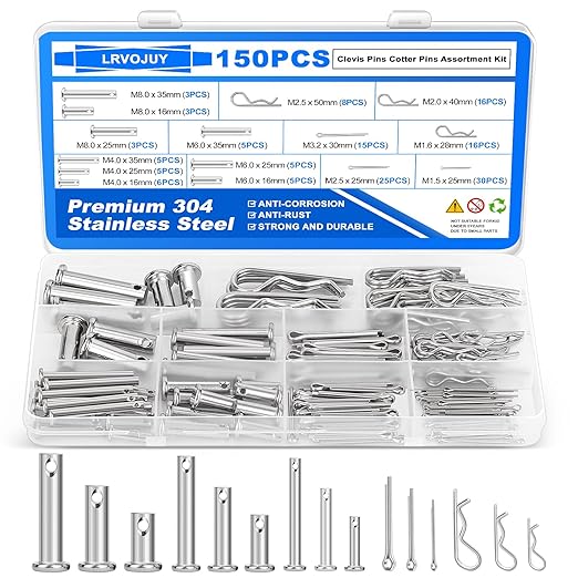 150PCS Premium 304 Stainless Steel Clevis Pins Cotter Pins R Clips Assortment Kit, 15 Sizes Single Hole Flat Head Cotter Clips Fasteners for Trailer Hitch, Automotive, Machinery Use