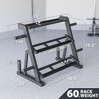 Synergee 3-Tier Dumbbell Storage Rack with 2 Barbell Holders and 4 Weight Plate Pegs, Featuring 2-Tier Dumbbell Storage and 3rd Tier for Kettlebell Storage – Accommodates 1" and 2" Plates – All-in-One