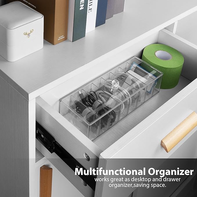 Cable Organizer Box with 10 Wire Ties, Clear Charger Cord Storage Organizer Case, Desktop Drawer Accessories Power Wire Storage with 8 Compartments, Office, Home, Stationery Storage Supplies