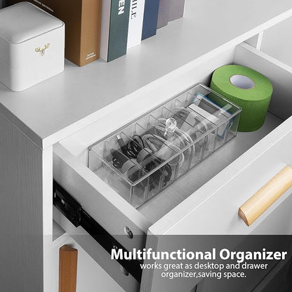 Cable Organizer Box with 10 Wire Ties, Clear Charger Cord Storage Organizer Case, Desktop Drawer Accessories Power Wire Storage with 8 Compartments, Office, Home, Stationery Storage Supplies