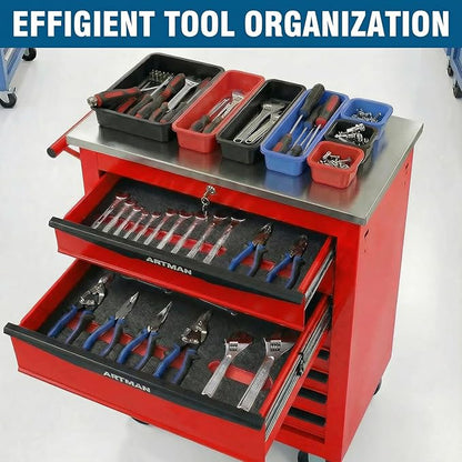 7-Drawer Rolling Tool Chest with Stainless Steel Countertop,Tool Chest with Secure Locking System,Mobile Storage Tool Cabinet with 360°Wheels and Padded Feet,for Home,Garage (Red)
