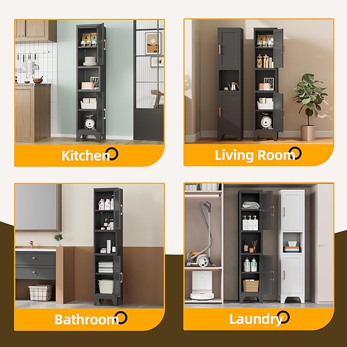 67" H Black Metal Narrow Pantry Cabinet with 2 Doors and 2 Adjustable Shelves, 5 Tier Small Thin Storage Cabinet with Legs and Gold Handle for Kitchen,Home Office,Bath,Laundry,Easy Assembly