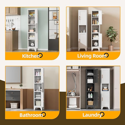 67" H White Metal Narrow Pantry Cabinet with 2 Doors and 2 Adjustable Shelves, 5 Tier Small Thin Storage Cabinet with Legs and Gold Handle for Kitchen,Home Office,Bath,Laundry,Easy Assembly