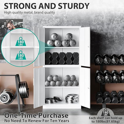 Metal Storage Cabinet with 3 Adjustable Shelves,White Storage Cabinet with Lock,71" Lockable Metal Cabinets with Locking Doors,Tall Steel Pantry Cabinets 4 Door for Home,Office,Garage,Bathroom,Kitchen