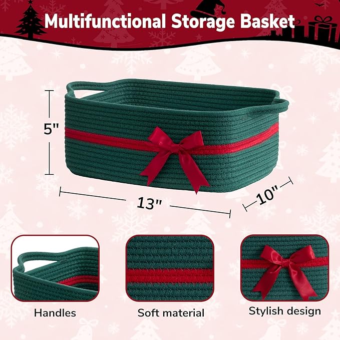CHICVITA Small Storage Basket for Gifts, Cute Rope Gift Baskets for Christmas, Decorative Rectangle Woven Basket with Handles for Towels, Toys, 13"x 10"x 5", Green