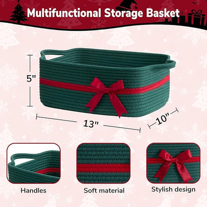 CHICVITA Small Storage Basket for Gifts, Cute Rope Gift Baskets for Christmas, Decorative Rectangle Woven Basket with Handles for Towels, Toys, 13"x 10"x 5", Green