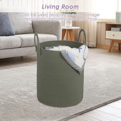 Large Laundry Basket,Laundry Hamper,15''x18'' Cotton Rope Storage Basket with Handles,baby hamper,Nursery Blanket Storage Living Room,toy basket,kids laundry(Green)