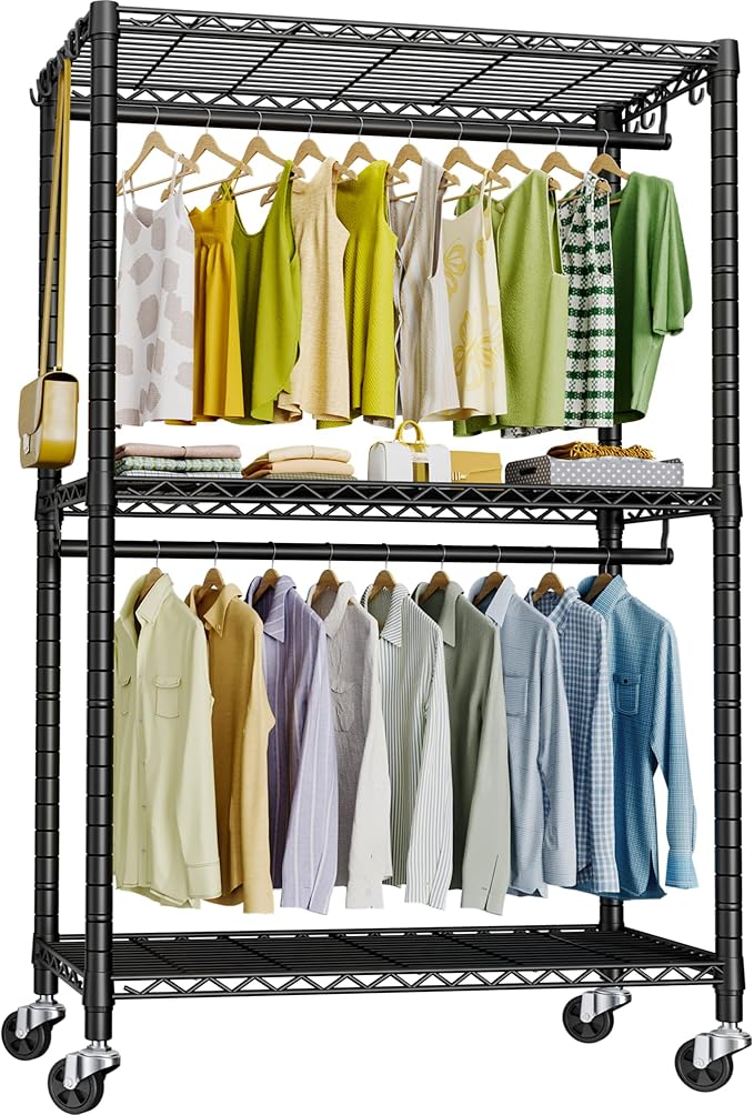 FUTASSI P3 Rolling Clothes Rack, Clothing Racks for Hanging Clothes, Heavy Duty Garment Rack with Wheels, Freestanding Portable Closet Organizer 39.4''W x 14''D x 78.5''H, Max Load 464 LBS, Black
