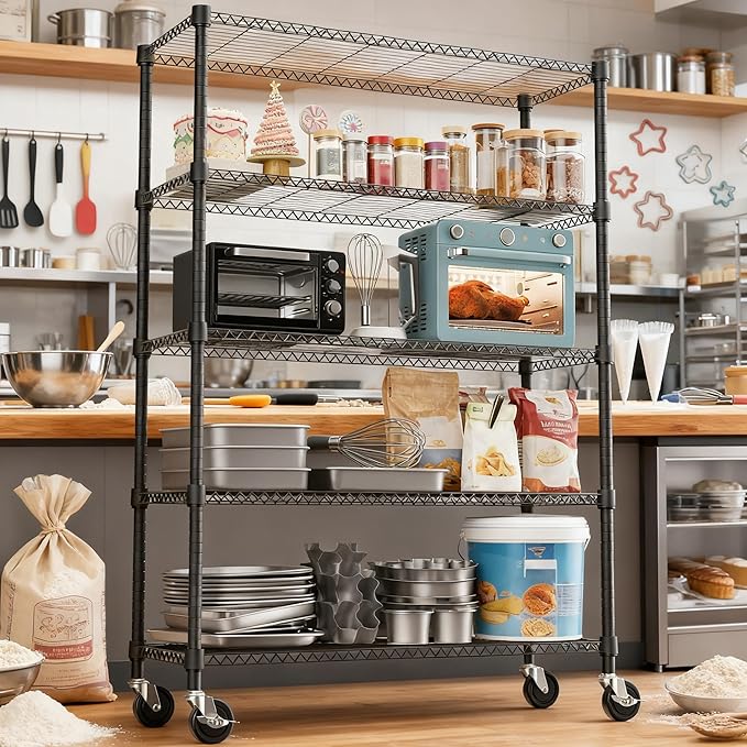1750LBS 47.2" W 5 Tiers Storage Shelves Metal Shelving Unit with Wheels Heavy Duty Garage Shelving Adjustable Wire Shelves for Pantry,Kitchen,Garage,Basement,Black 17.7" D x 47.2" W x 76.8" H