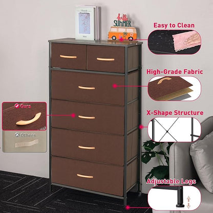 Mifuro Tall Dresser for Bedroom, Vertical Storage Organizer Tower with 6 Drawers, Chest of Drawers with Fabric Bins, Steel Frame, Wood Top for Bedroom, Closet, Entryway- Brown