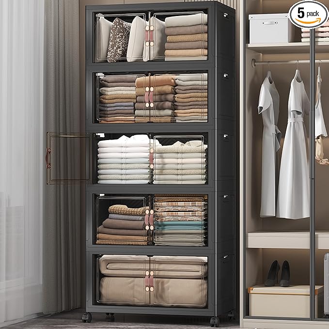 Extra Large Stackable Storage Bins with Lids & Wheels & Door,Foldable Collapsible Closet Organizers, Plastic containers drawers for bedroom Dorm (Dark-112QT, 5Pack with 1 top lid)