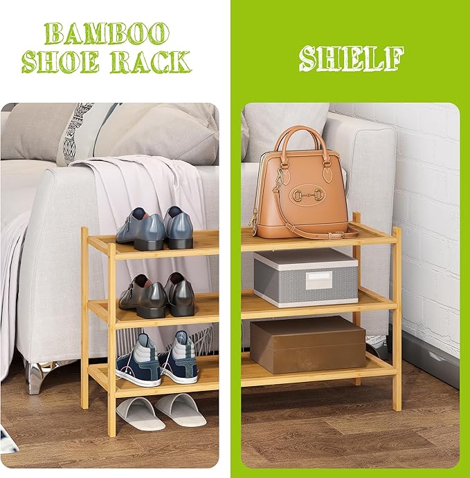 BMOSU 3-Tier Bamboo Shoe Rack Premium Stackable Shoe Shelf Storage Organizer for Hallway Closet Living Room Entryway Organizer(Natural)