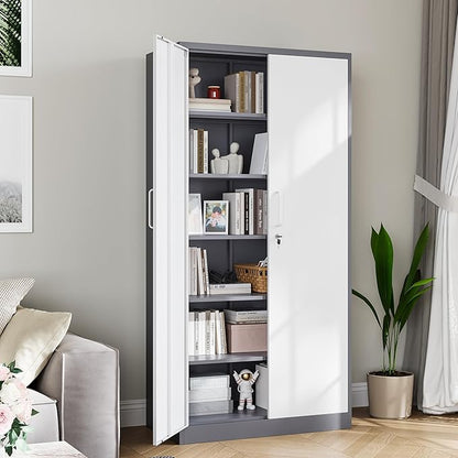 Metal Garage Storage Cabinet, 71-inch Tall Cabinet with Adjustable Shelves & Locking Doors, Tool Cabinets for Garage,Office,Home,School,Gym (Grey White)