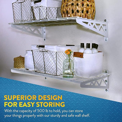 MonsterRax | Garage Wall Shelf Four-Pack White or Hammertone | Three Size Options | Includes Bike Hooks | 300lb Weight Capacity (White, 24"x48", 4 Pack)