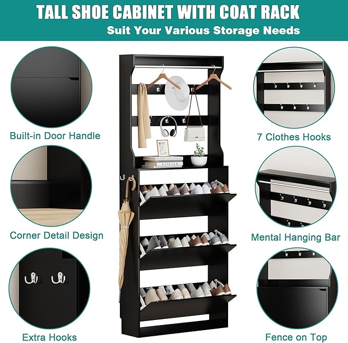 Shoe Cabinet for Entryway with 3 Flip Drawers, Black Tall Wood Shoe Storage Cabinet with Coat Rack, Narrow Hidden Slim Freestanding Shoe Rack Organizer, 2 in 1 Hall Tree for Living Room, Hallway
