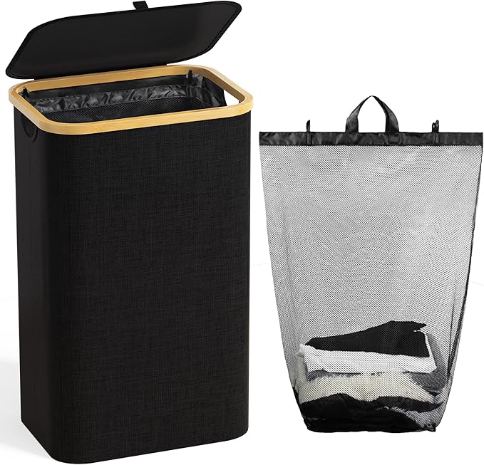 100L Laundry Hamper with Lid, Large Laundry Basket with Bamboo Handles, Clothes Hampers for Laundry with Removable Bag, Dirty Clothes Hampers for Bedroom Aesthetic, Black